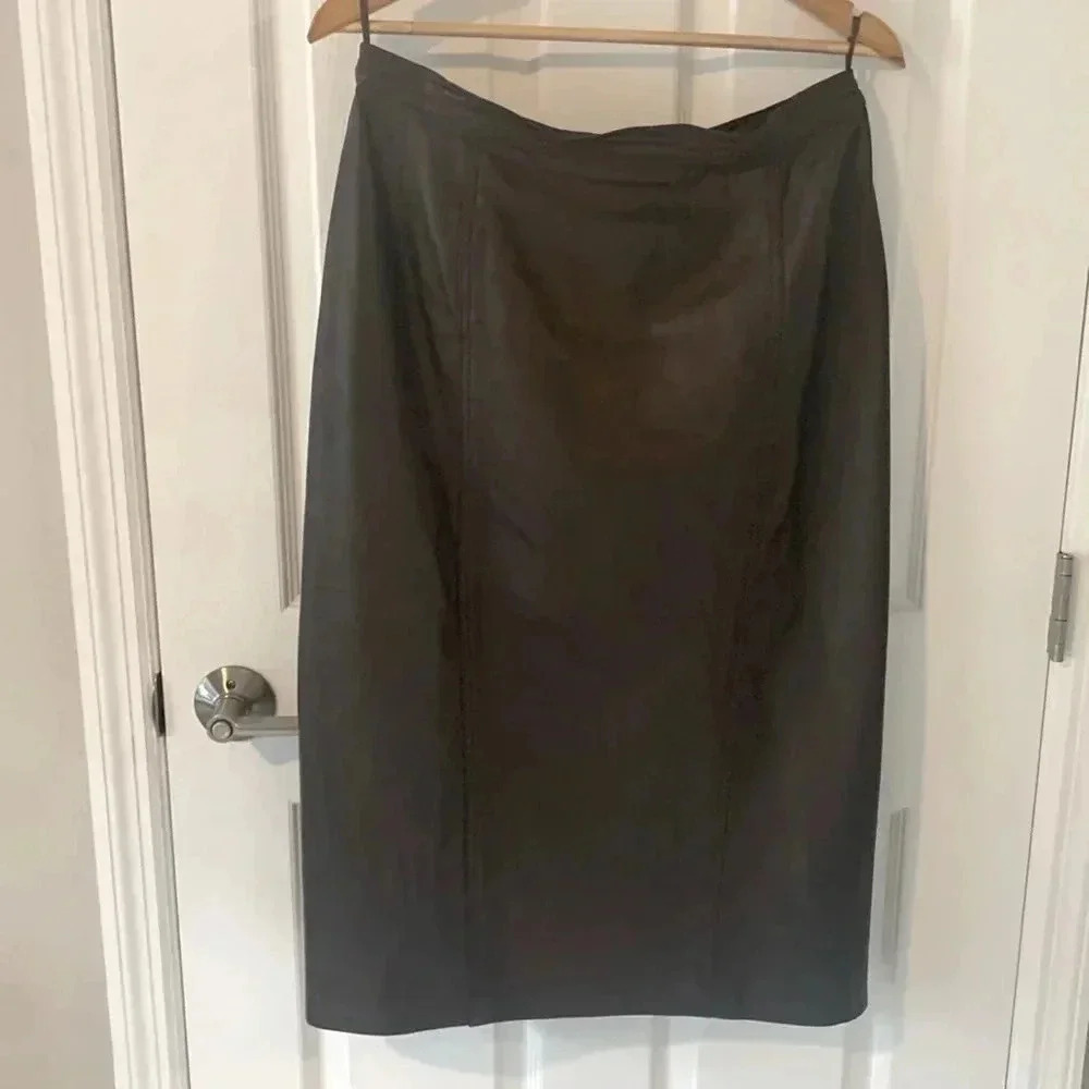 Vintage Brown Leather Midi Skirt Made In Italy